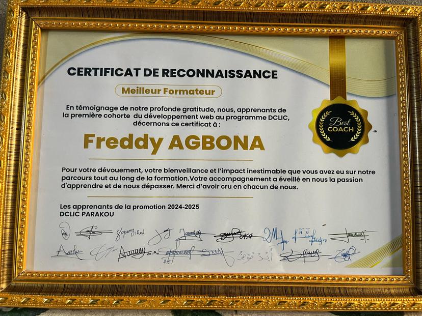 Certificate of Freddy Agbona